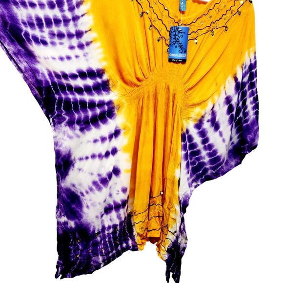 Handmade Aqua Blue Tie-Dye Caftan Top Beaded Flowy Draped Design One Size Fits - Picture 7 of 9